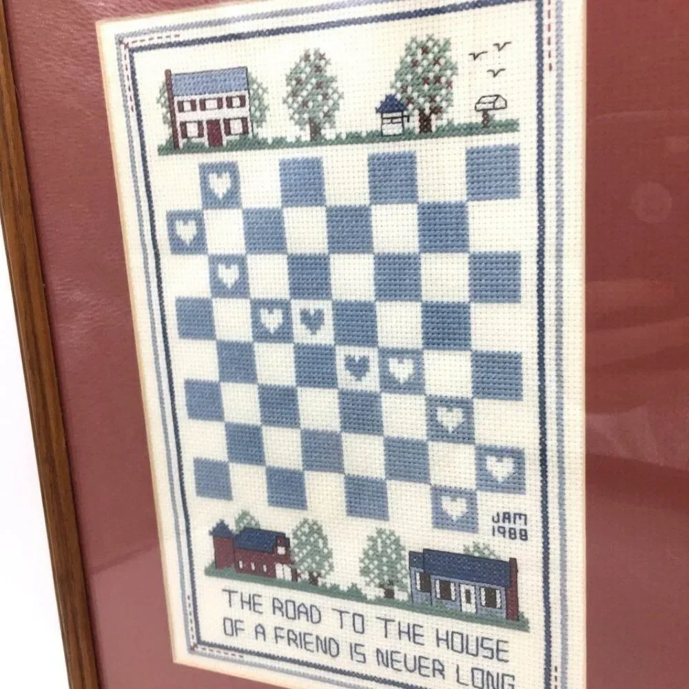 Vintage 1988 Handmade Friend Checkerboard Finished Cross Stitch Framed & Matted